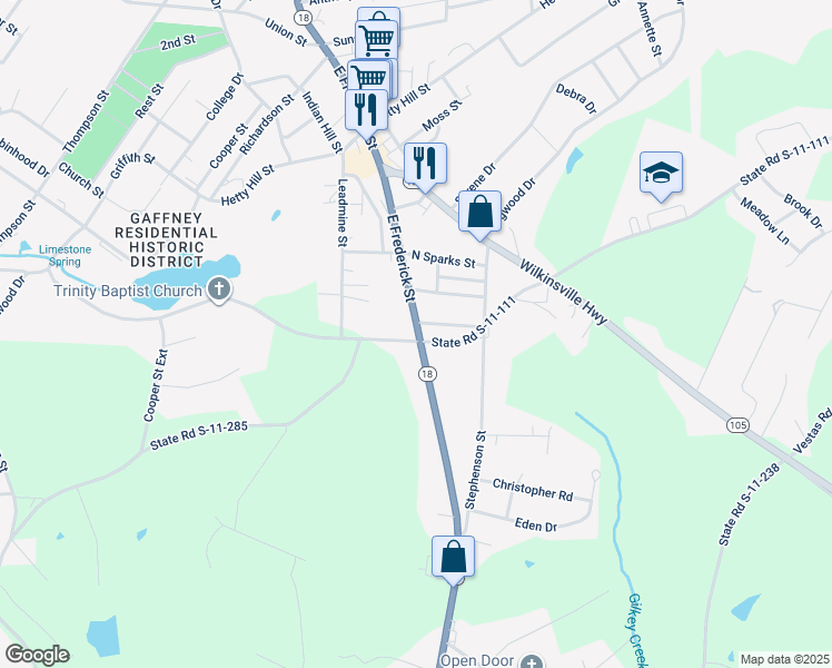 map of restaurants, bars, coffee shops, grocery stores, and more near 1901 East Frederick Street in Gaffney