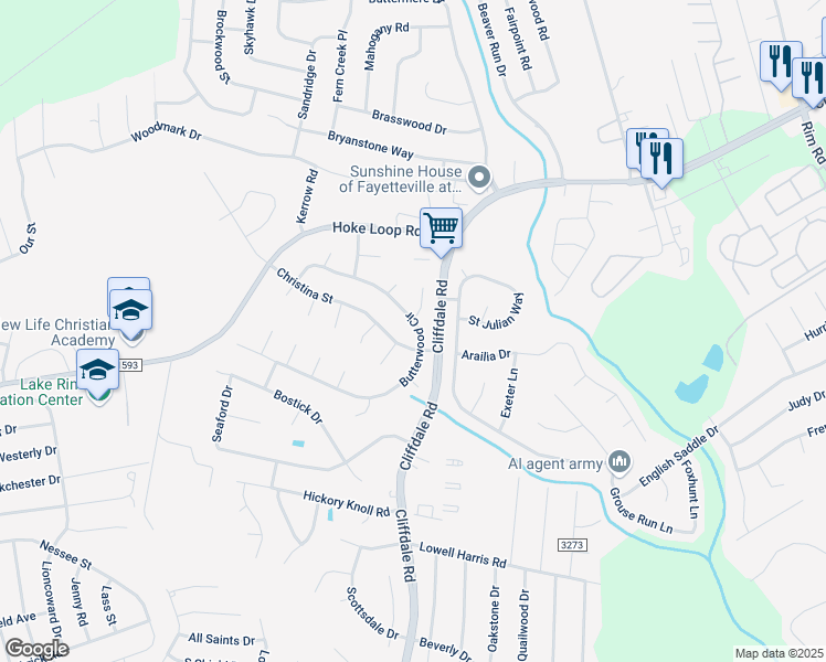 map of restaurants, bars, coffee shops, grocery stores, and more near 1194 Butterwood Circle in Fayetteville