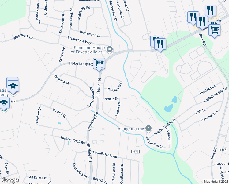 map of restaurants, bars, coffee shops, grocery stores, and more near 6728 Saint Julian Way in Fayetteville