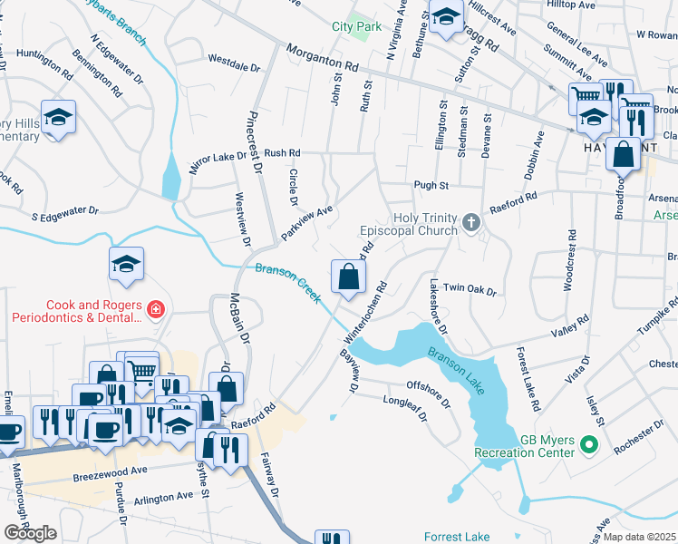 map of restaurants, bars, coffee shops, grocery stores, and more near 425 Southampton Court in Fayetteville