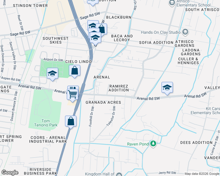 map of restaurants, bars, coffee shops, grocery stores, and more near 1709 Onate Place Southwest in Albuquerque