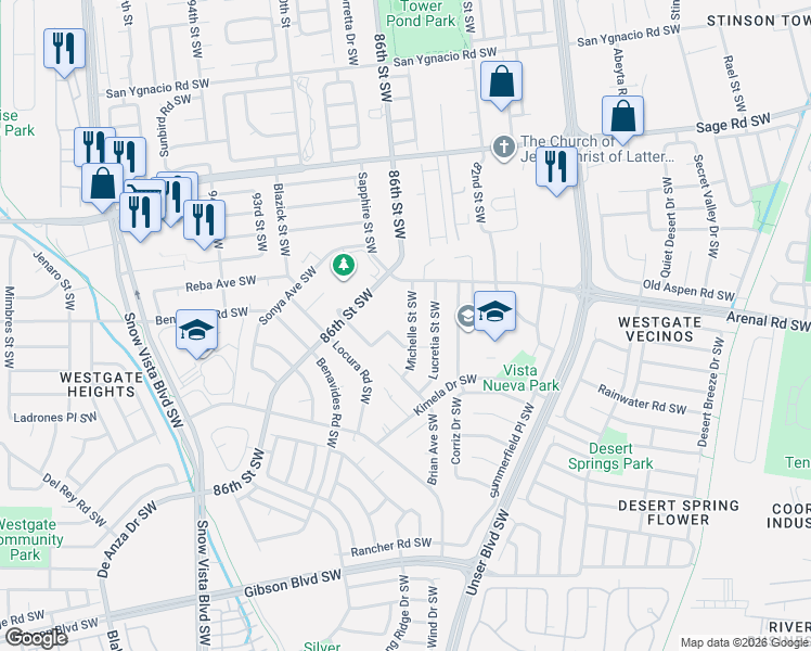 map of restaurants, bars, coffee shops, grocery stores, and more near 8723-8805 Robby Avenue Southwest in Albuquerque