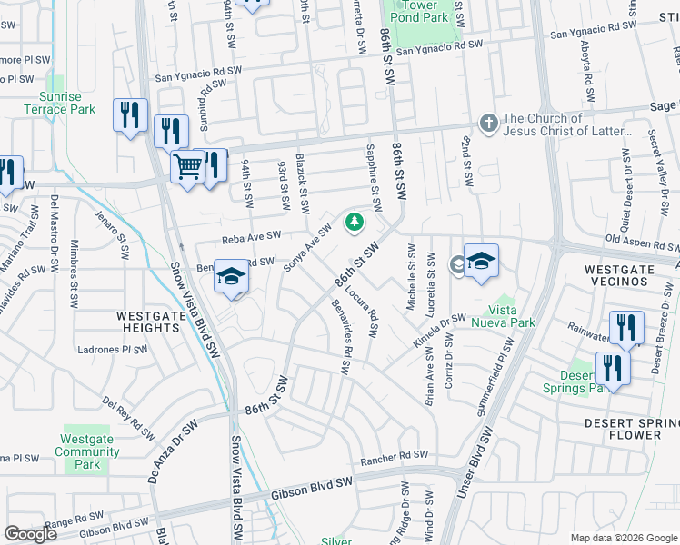 map of restaurants, bars, coffee shops, grocery stores, and more near 1319 Locura Road Southwest in Albuquerque