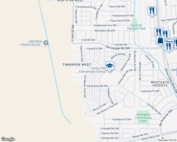 map of restaurants, bars, coffee shops, grocery stores, and more near 1307 Elfego Baca Drive Southwest in Albuquerque
