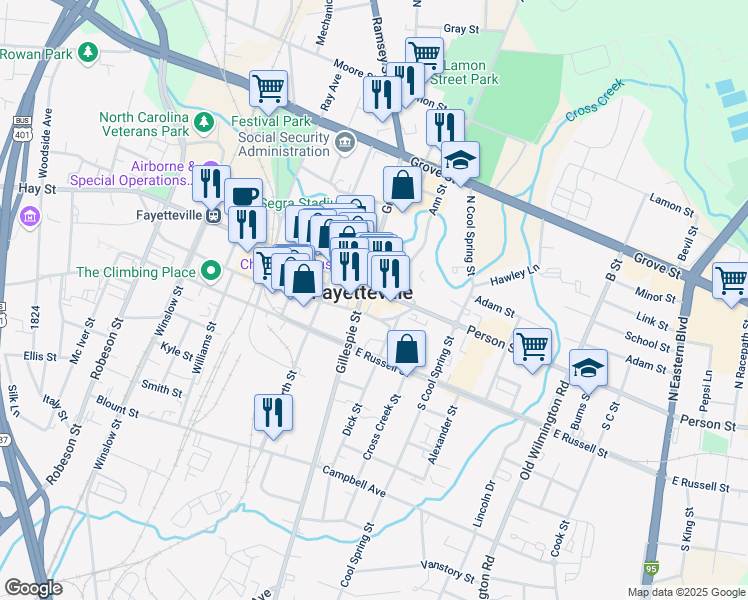 map of restaurants, bars, coffee shops, grocery stores, and more near 116 Person Street in Fayetteville