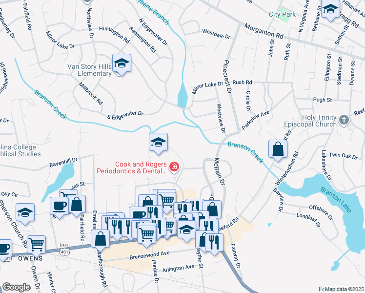 map of restaurants, bars, coffee shops, grocery stores, and more near 591 Winding Creek Road in Fayetteville