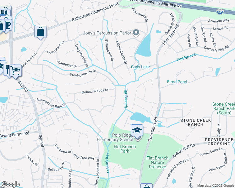 map of restaurants, bars, coffee shops, grocery stores, and more near 12429 Provincetowne Drive in Charlotte