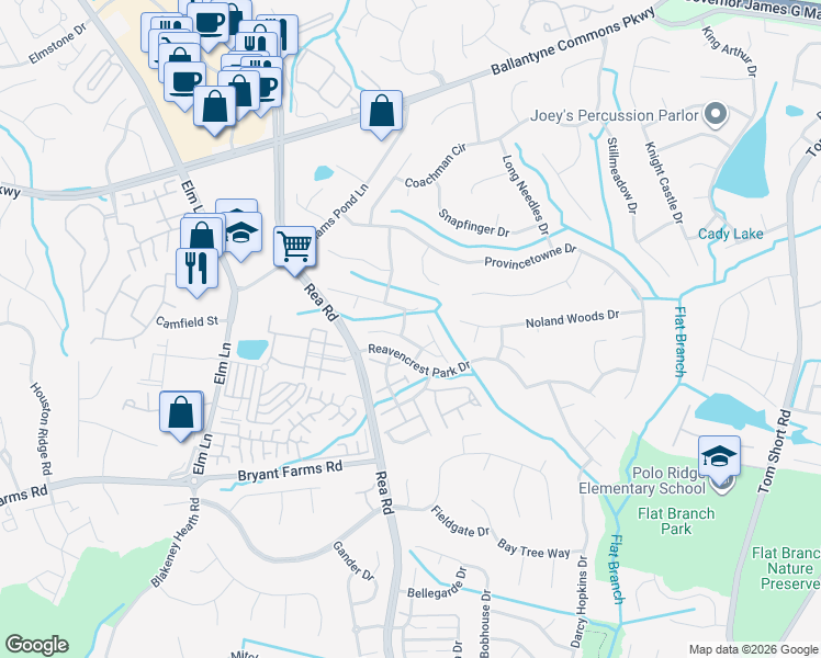 map of restaurants, bars, coffee shops, grocery stores, and more near 10603 Folio Club Drive in Charlotte