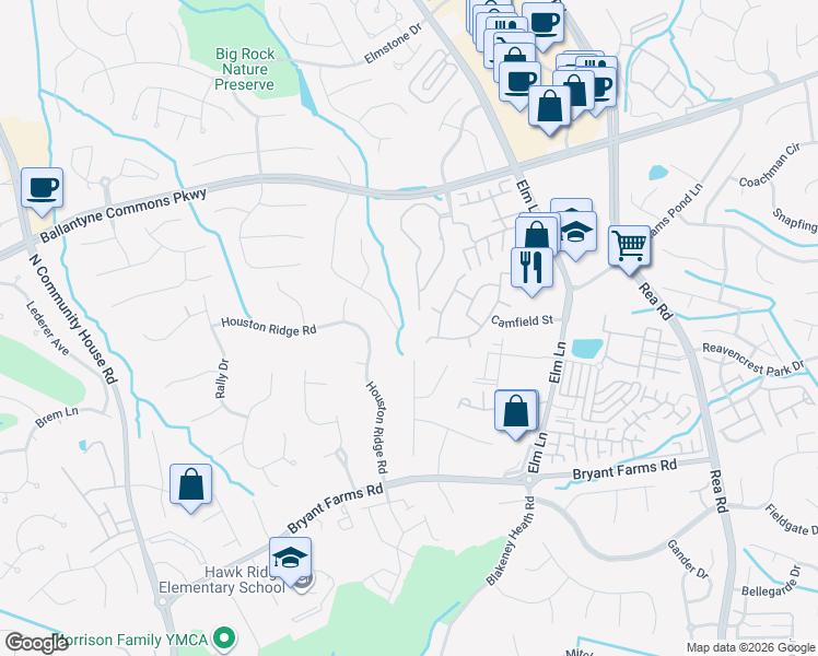 map of restaurants, bars, coffee shops, grocery stores, and more near 8508 Southgate Commons Drive in Charlotte