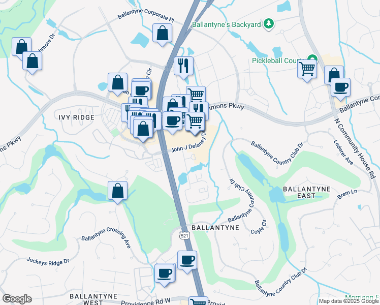 map of restaurants, bars, coffee shops, grocery stores, and more near 15120 John J Delaney Drive in Charlotte