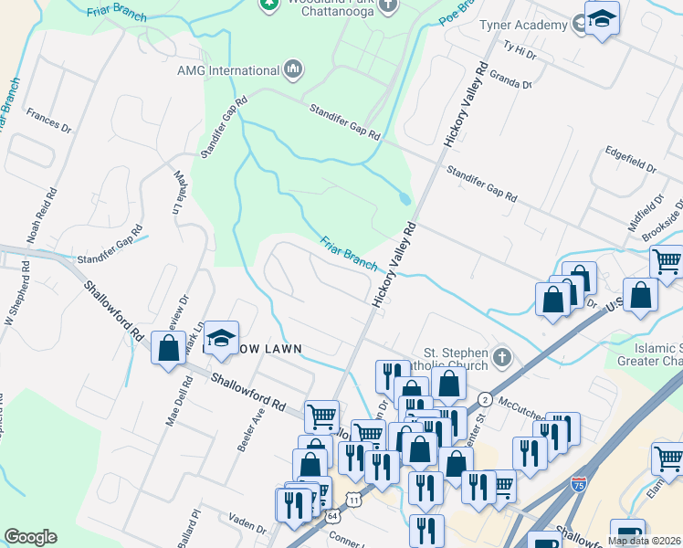 map of restaurants, bars, coffee shops, grocery stores, and more near 6722 Hickory Brook Road in Chattanooga