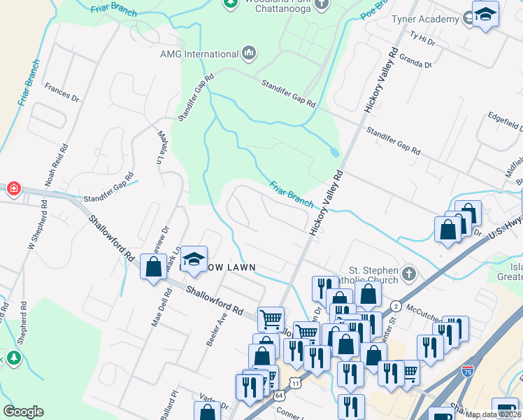 map of restaurants, bars, coffee shops, grocery stores, and more near 6734 Hickory Creek Road in Chattanooga