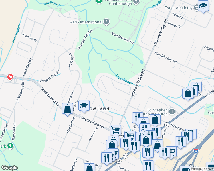 map of restaurants, bars, coffee shops, grocery stores, and more near 6734 Hickory Creek Road in Chattanooga