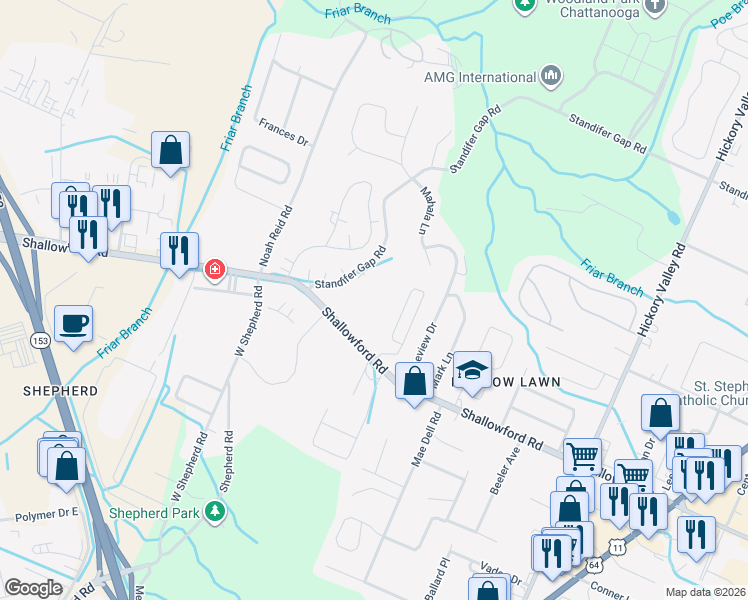 map of restaurants, bars, coffee shops, grocery stores, and more near 2340-2412 Standifer Gap Road in Chattanooga