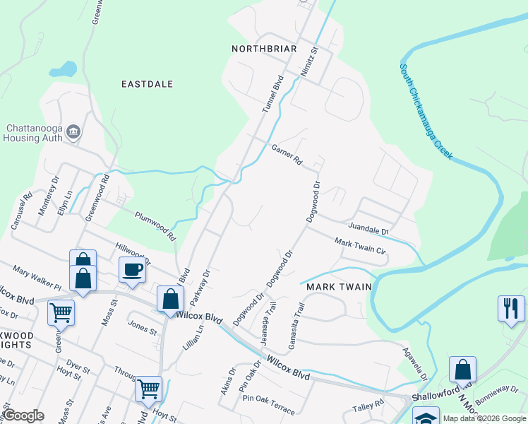 map of restaurants, bars, coffee shops, grocery stores, and more near 3550 Cottonwood Lane in Chattanooga