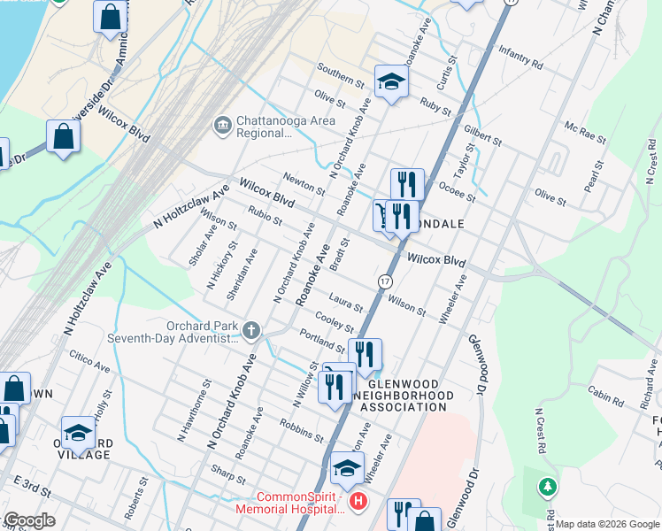 map of restaurants, bars, coffee shops, grocery stores, and more near 2004b Wilson Street in Chattanooga