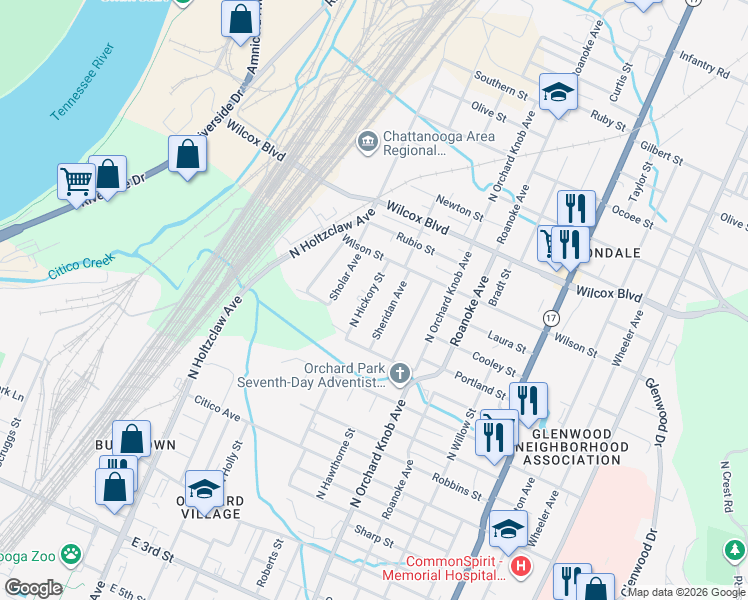 map of restaurants, bars, coffee shops, grocery stores, and more near 1102 North Hickory Street in Chattanooga