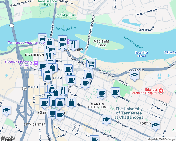 map of restaurants, bars, coffee shops, grocery stores, and more near in Chattanooga