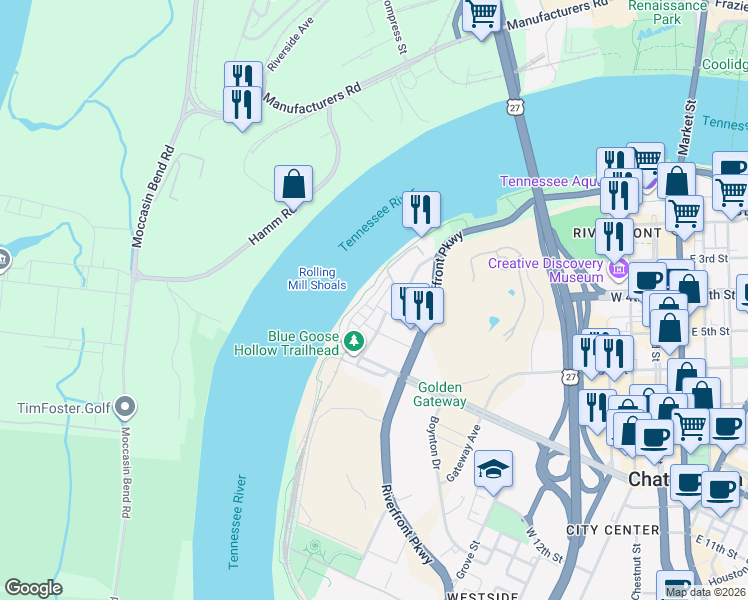map of restaurants, bars, coffee shops, grocery stores, and more near 913 Spinnaker Way in Chattanooga