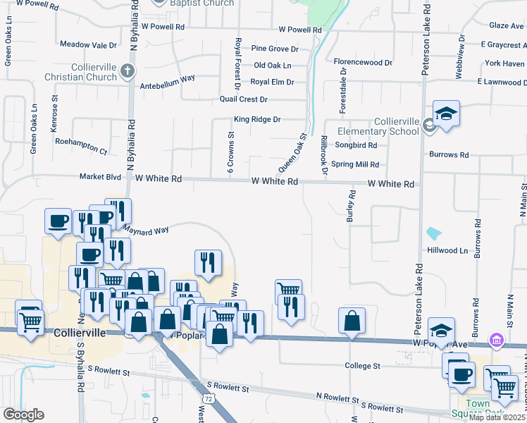 map of restaurants, bars, coffee shops, grocery stores, and more near 451 West White Road in Collierville