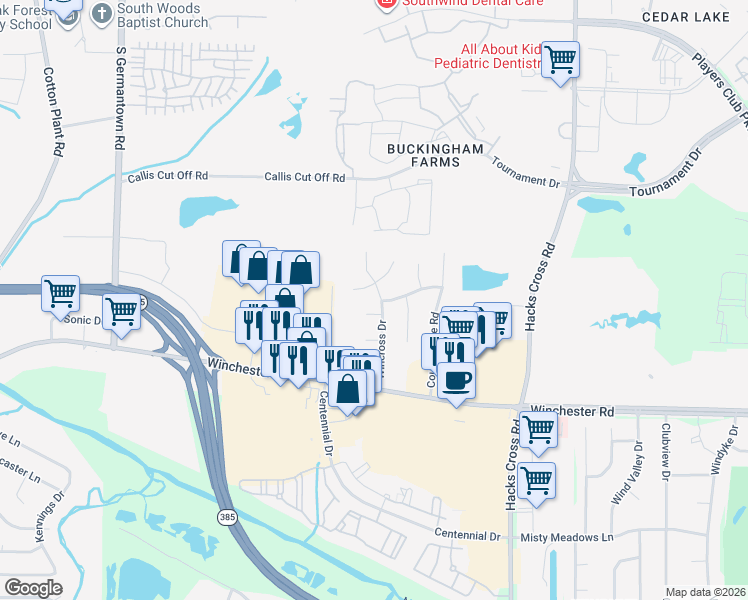 map of restaurants, bars, coffee shops, grocery stores, and more near 7838 Gateway Inlet in Memphis