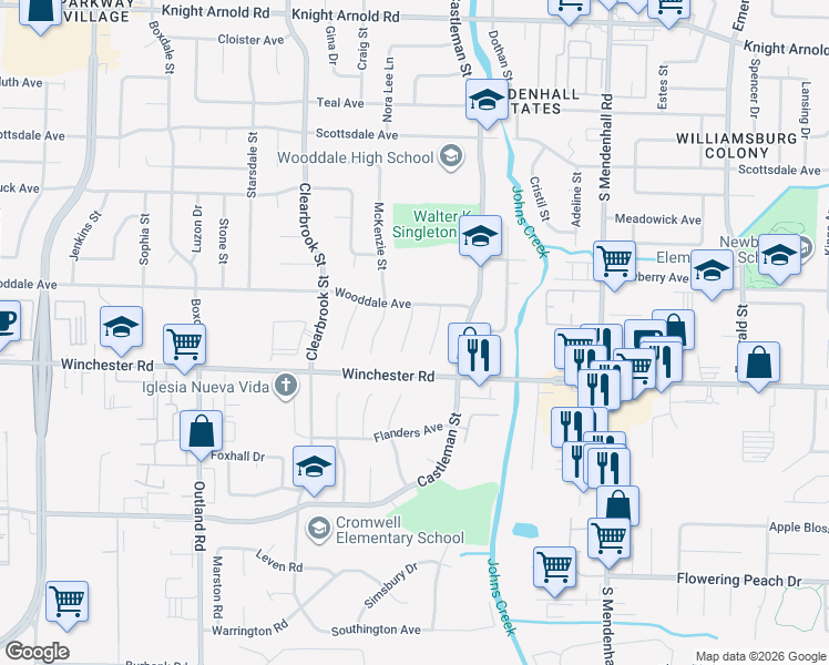 map of restaurants, bars, coffee shops, grocery stores, and more near 3532 Duane Cove in Memphis