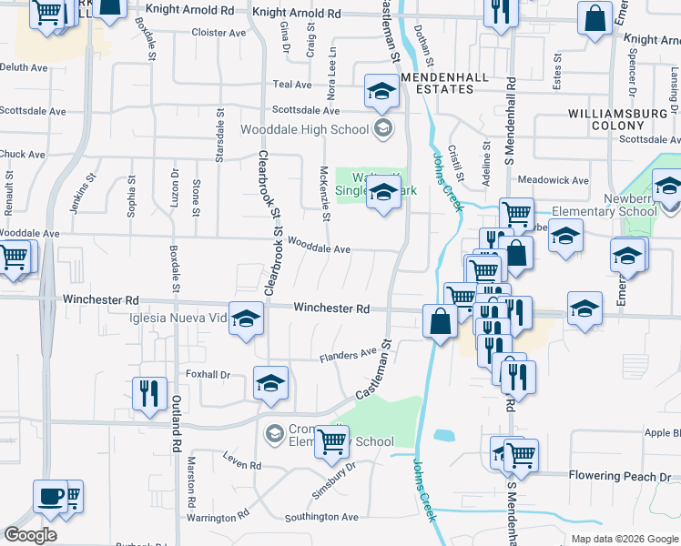 map of restaurants, bars, coffee shops, grocery stores, and more near 3532 Duane Cove in Memphis