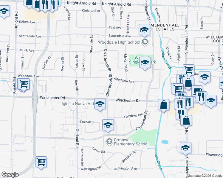 map of restaurants, bars, coffee shops, grocery stores, and more near 3535 Wooddale Cove in Memphis