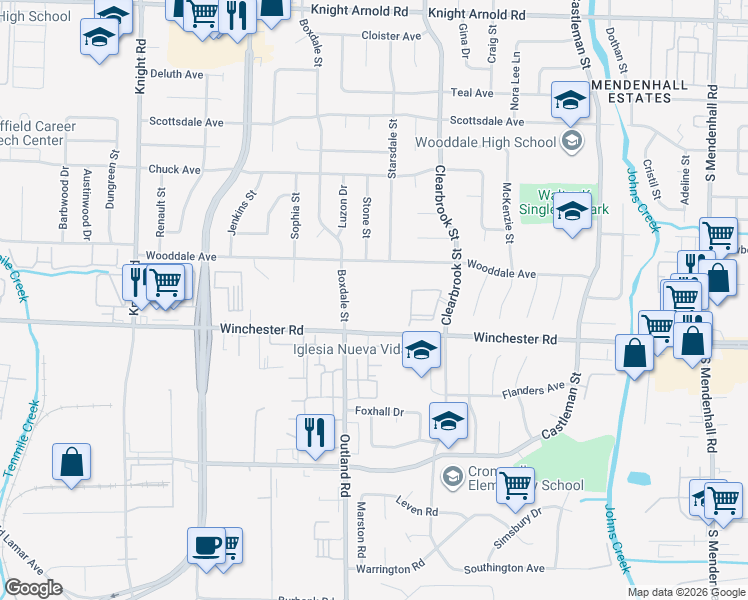 map of restaurants, bars, coffee shops, grocery stores, and more near 3552 Boxdale Street in Memphis