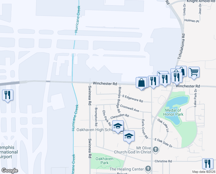 map of restaurants, bars, coffee shops, grocery stores, and more near 3075 Winchester Road in Memphis