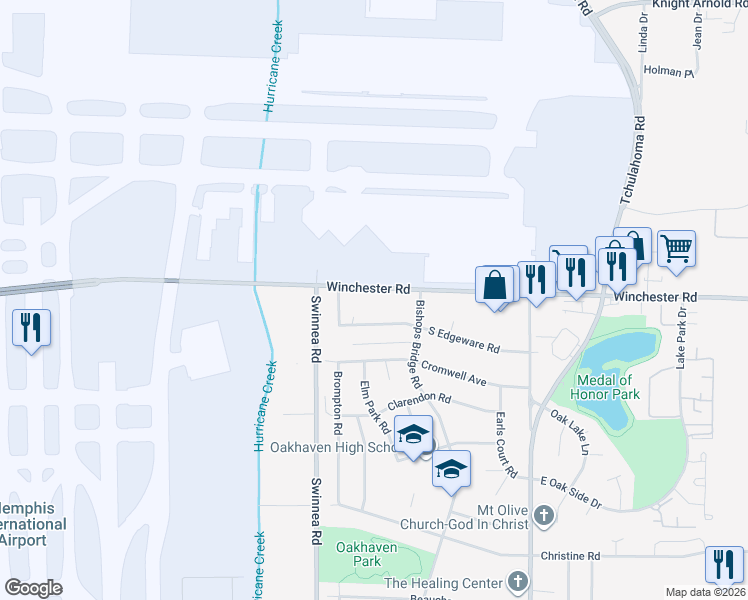 map of restaurants, bars, coffee shops, grocery stores, and more near 3075 Winchester Road in Memphis