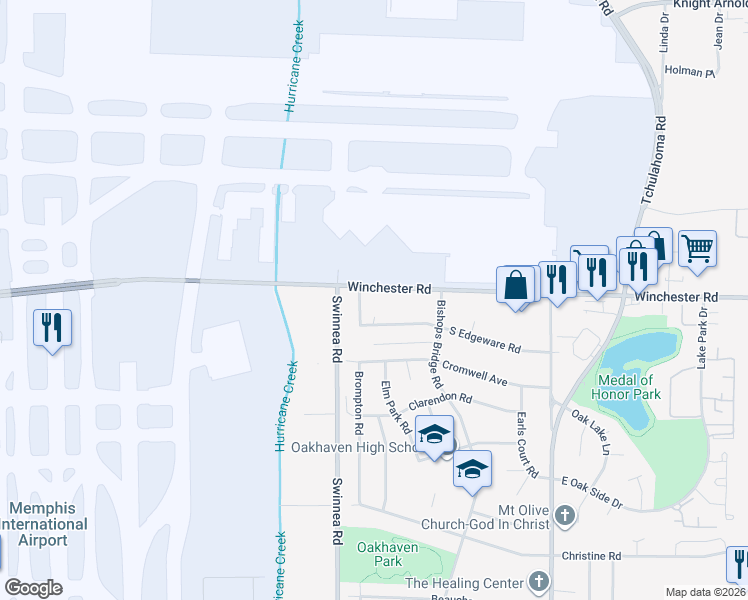 map of restaurants, bars, coffee shops, grocery stores, and more near 3540 West Edgeware Road in Memphis