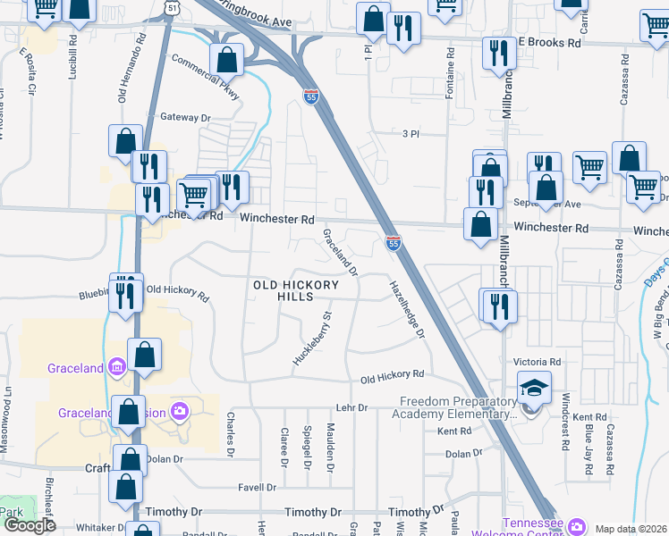 map of restaurants, bars, coffee shops, grocery stores, and more near 3532 Acacia Street in Memphis