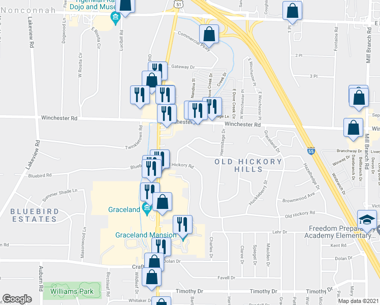 map of restaurants, bars, coffee shops, grocery stores, and more near 1251 Singing Trees Drive in Memphis