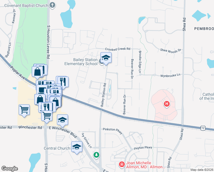 map of restaurants, bars, coffee shops, grocery stores, and more near 3545 West Taplow Way in Collierville