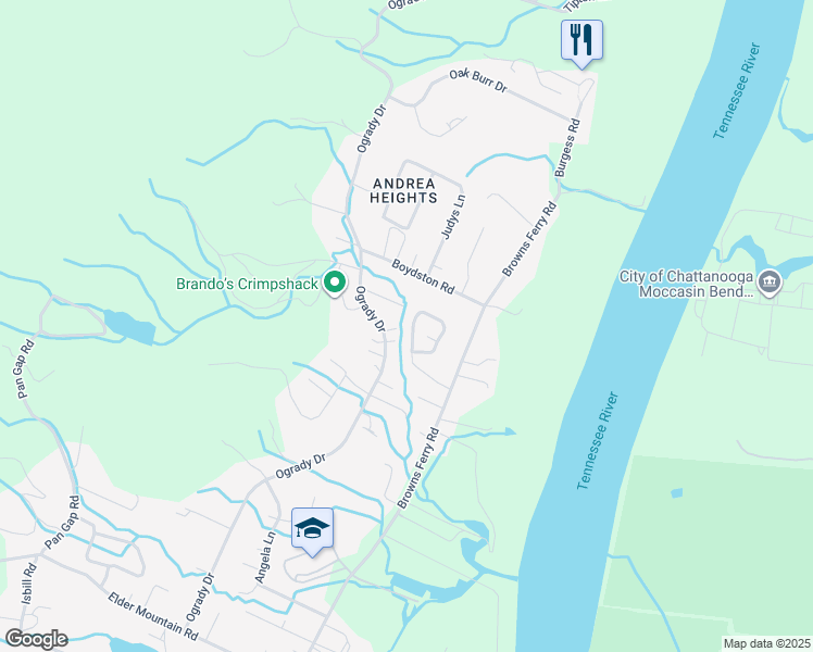 map of restaurants, bars, coffee shops, grocery stores, and more near 3321 Bonneville Circle in Chattanooga