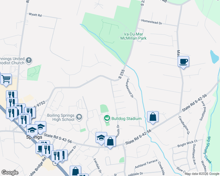 map of restaurants, bars, coffee shops, grocery stores, and more near 237 Notchwoods Drive in Boiling Springs