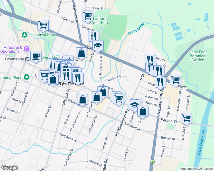map of restaurants, bars, coffee shops, grocery stores, and more near 329 Adam Street in Fayetteville