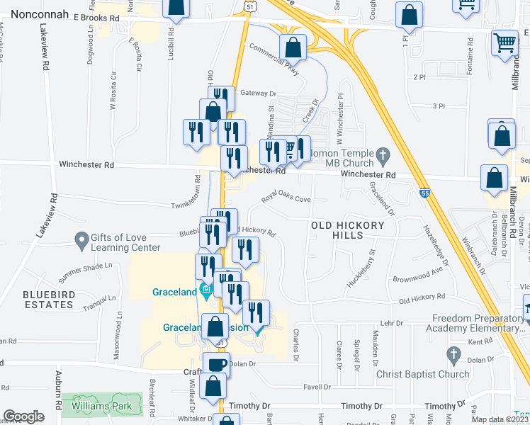 map of restaurants, bars, coffee shops, grocery stores, and more near 1251 Singing Trees Drive in Memphis