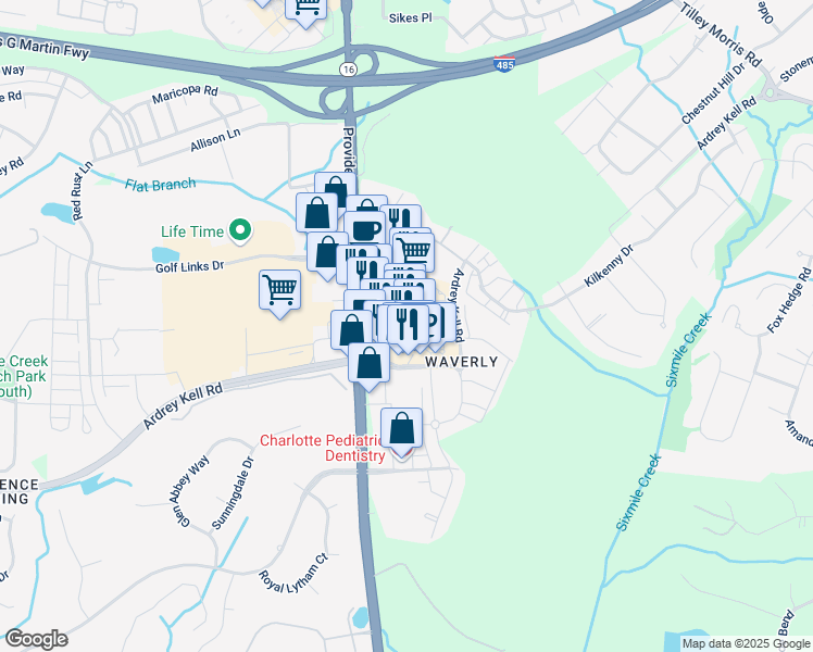map of restaurants, bars, coffee shops, grocery stores, and more near 7314 Waverly Walk Avenue in Charlotte