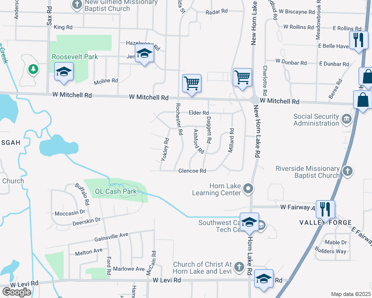 map of restaurants, bars, coffee shops, grocery stores, and more near 3538 Rochester Road in Memphis