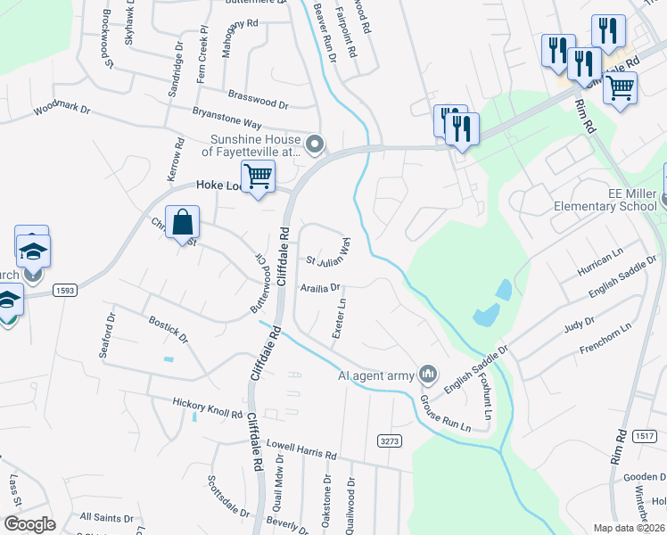 map of restaurants, bars, coffee shops, grocery stores, and more near 6724 Saint Julian Way in Fayetteville