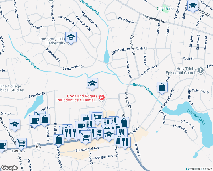 map of restaurants, bars, coffee shops, grocery stores, and more near 579 Winding Creek Road in Fayetteville