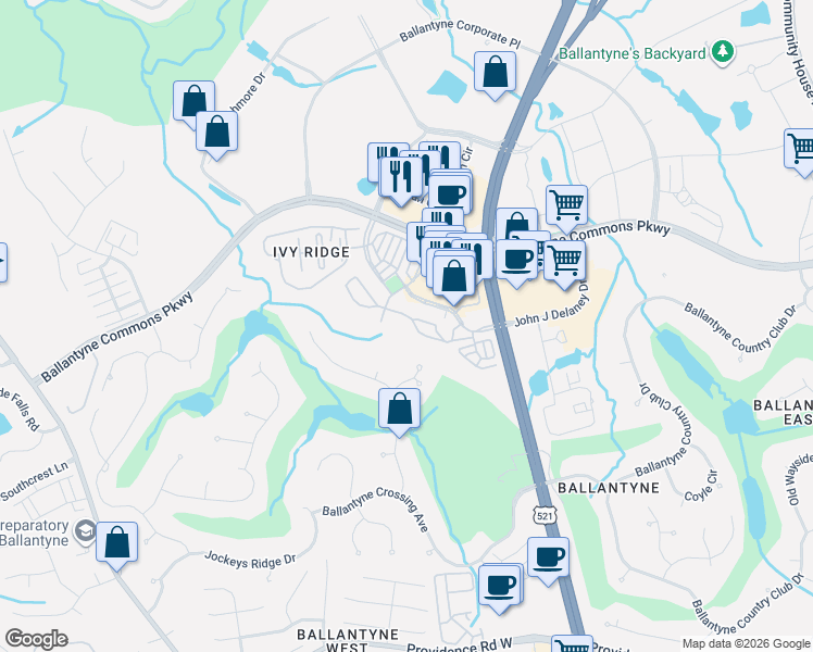 map of restaurants, bars, coffee shops, grocery stores, and more near 11564 Costigan Lane in Charlotte