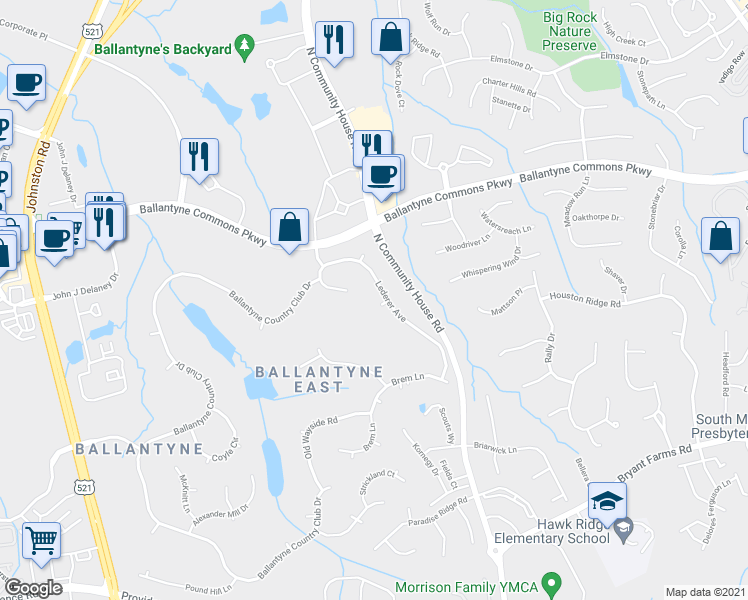 map of restaurants, bars, coffee shops, grocery stores, and more near 15709 Liberty Hall Place in Charlotte