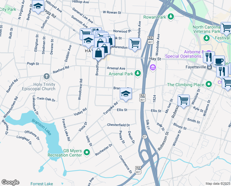 map of restaurants, bars, coffee shops, grocery stores, and more near 403 Bryan Street in Fayetteville