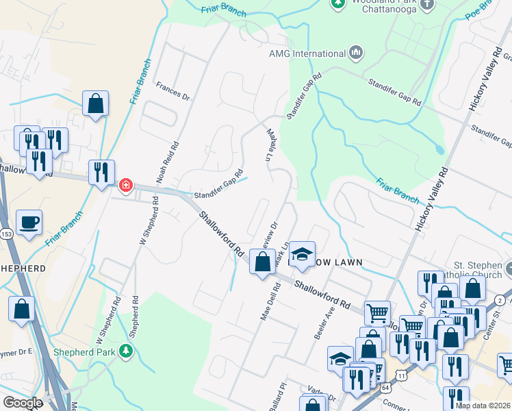 map of restaurants, bars, coffee shops, grocery stores, and more near 6401 Shallowford Road in Chattanooga