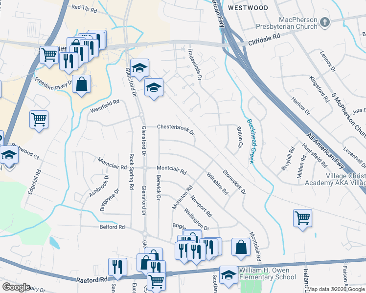map of restaurants, bars, coffee shops, grocery stores, and more near 668 Stoneykirk Drive in Fayetteville