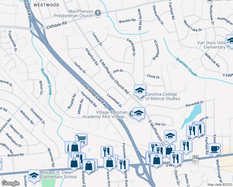 map of restaurants, bars, coffee shops, grocery stores, and more near 517 Levenhall Drive in Fayetteville