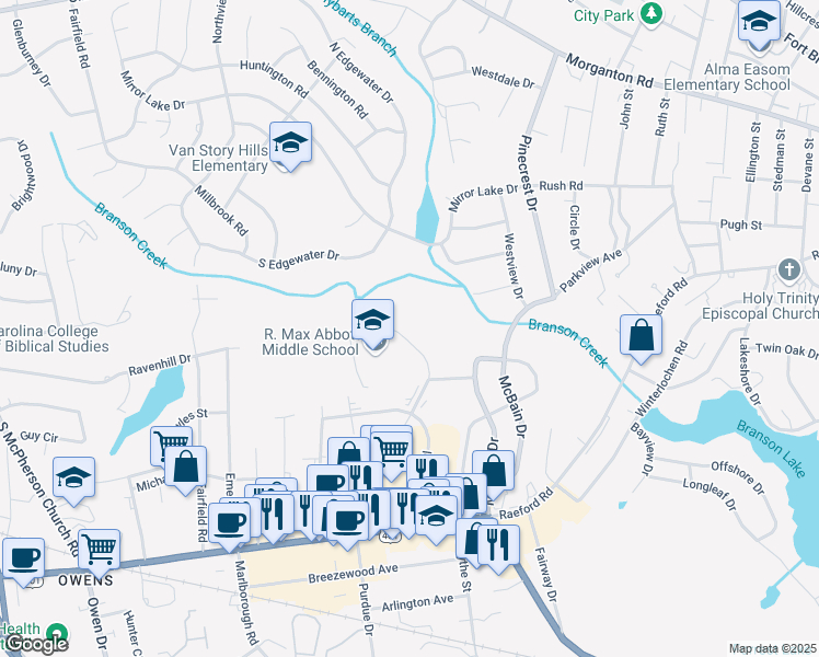 map of restaurants, bars, coffee shops, grocery stores, and more near 571 Winding Creek Road in Fayetteville